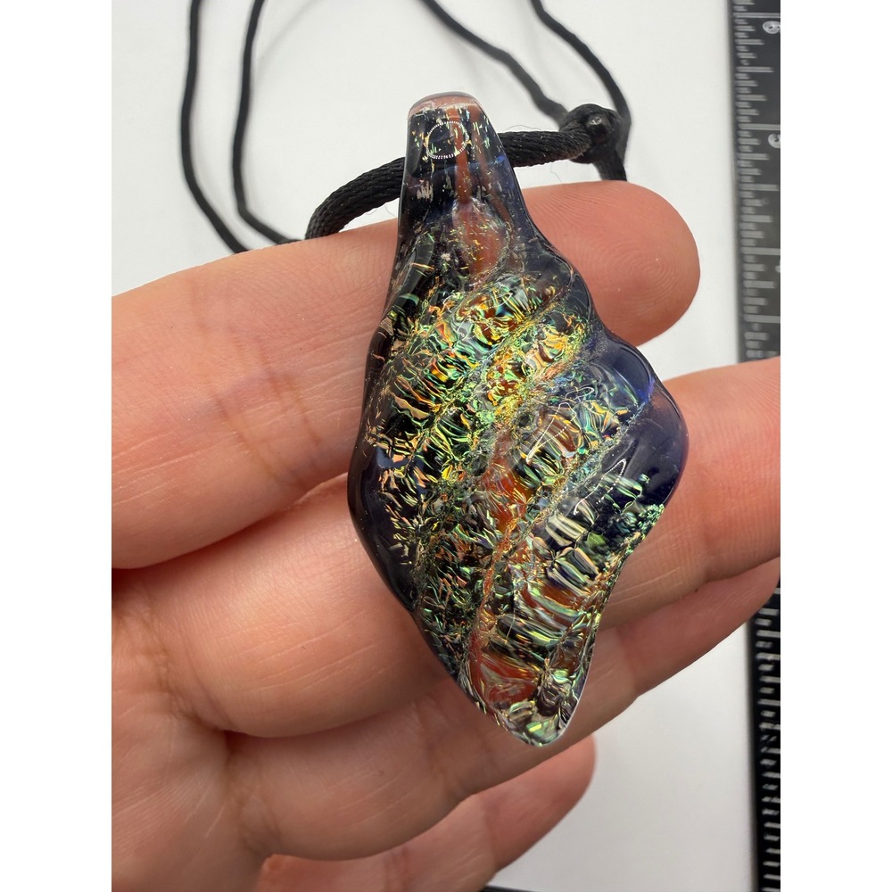 Dichroic Art Glass Pendant Necklace Iridescent Blue Gold Lampwork Adjustable